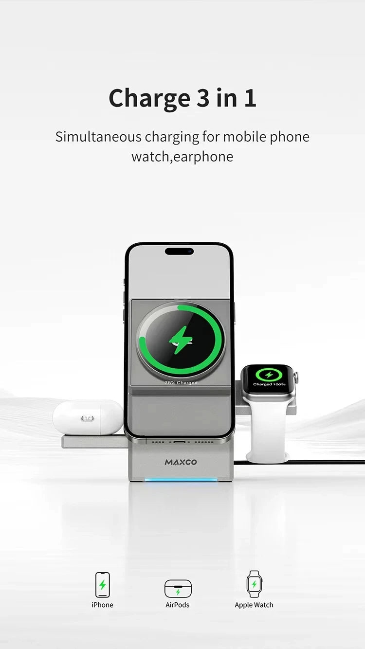 3-in-1 Fast Wireless Charger Magnetic Stand
